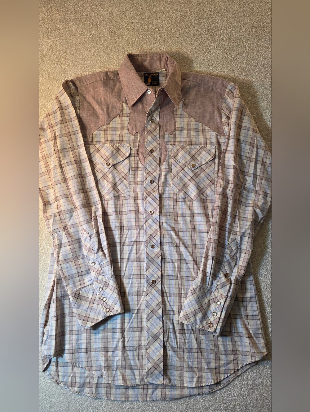 Vintage Western Wear Sears Tan Plaid Pearl Snap Full Sleeve Ornamental Yoke L